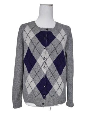 Apt. 9 100% Cashmere Gray Purple Argyle Button Front Cardigan Sweater XL